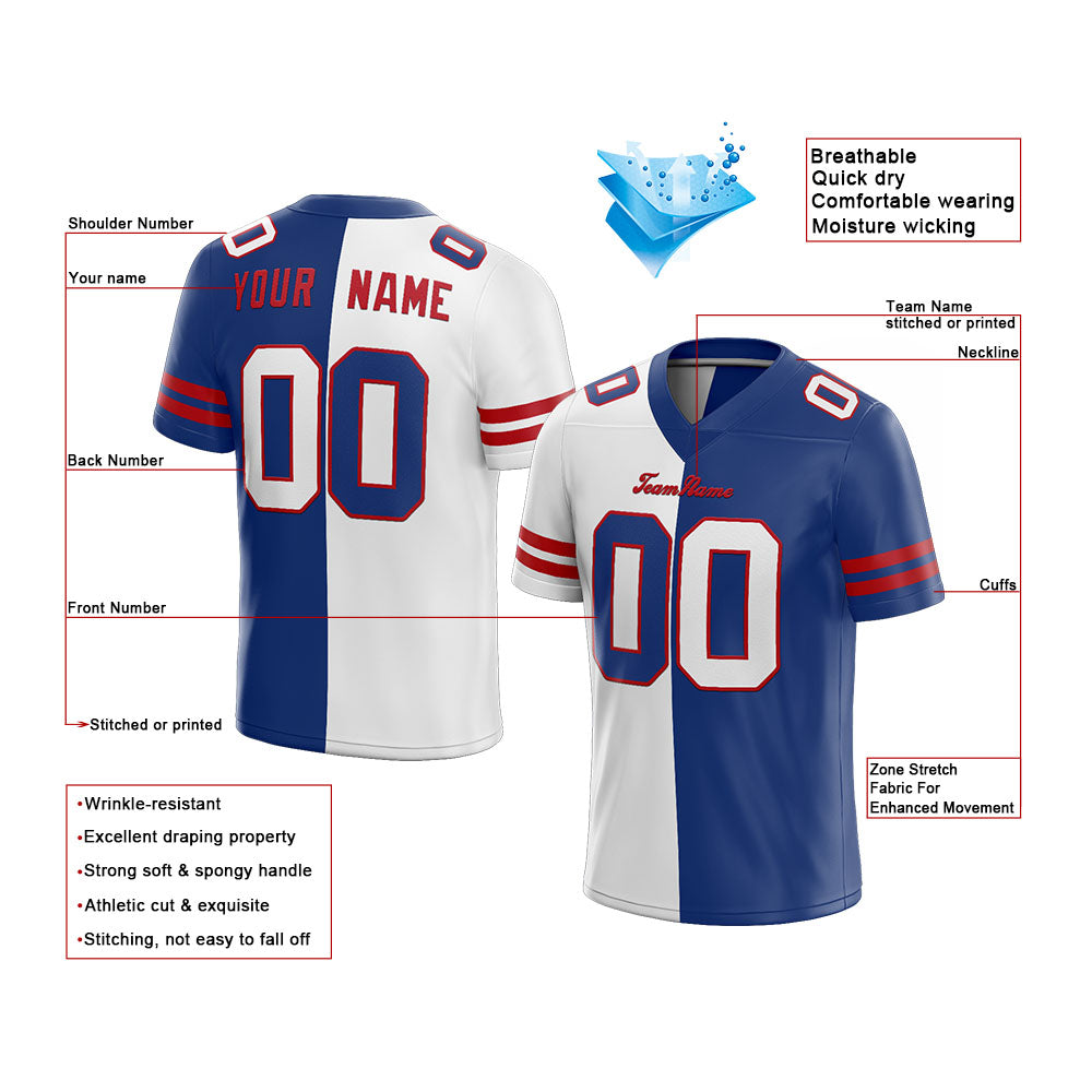 custom authentic split fashion football jersey red-white-royal