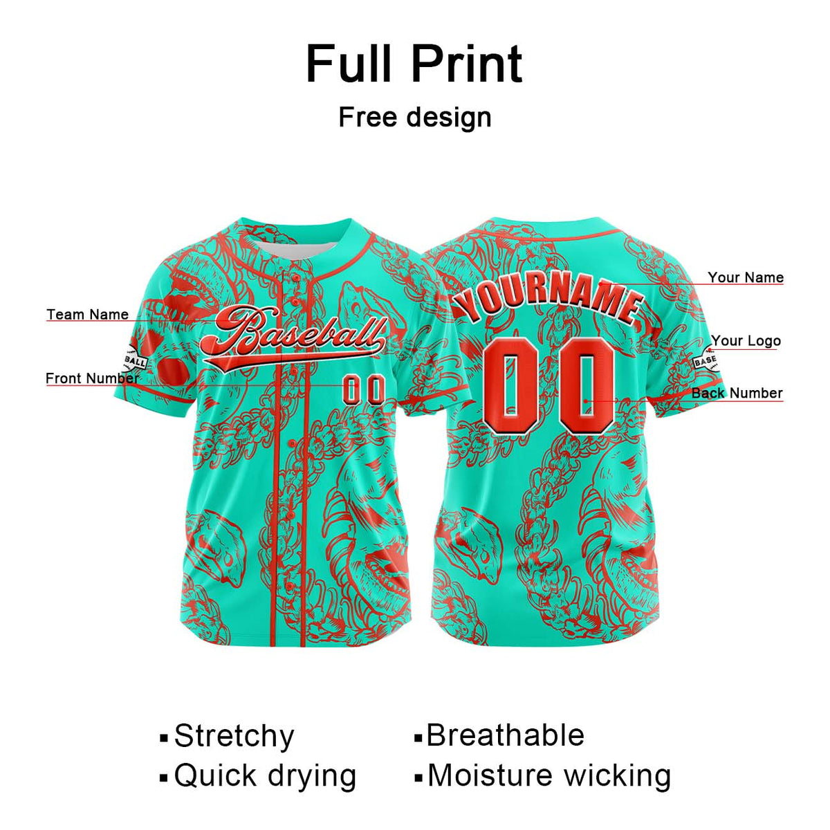 Camiseta de béisbol naranja personalizada con botones para hombre mujer adulto y joven Nombre número y logotipo impresos