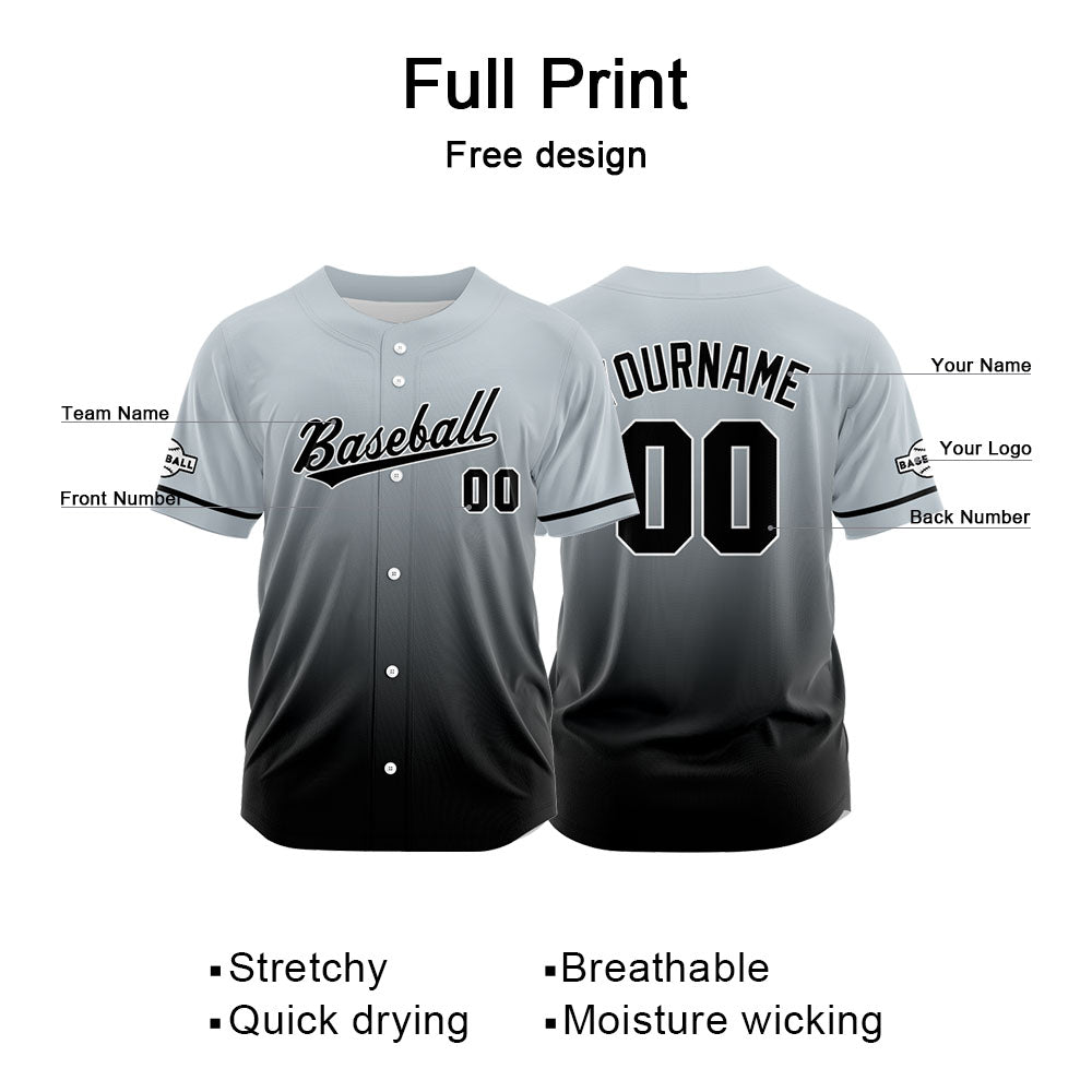 Camiseta de béisbol con dise?o personalizado estampado completo en negro y gris