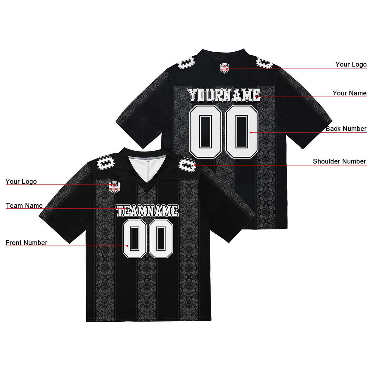 Camiseta de fútbol personalizada con franja estampada con el nombre y el número del equipo -Negra