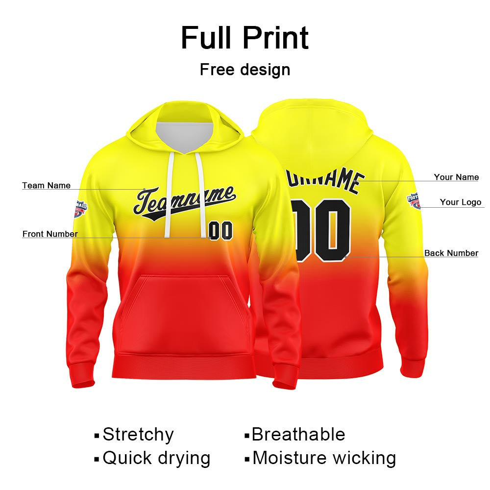 Sudadera con capucha personalizada con degradado para hombre-mujer-niña o niño Estampa tu logotipo-nombre o número en amarillo o rojo