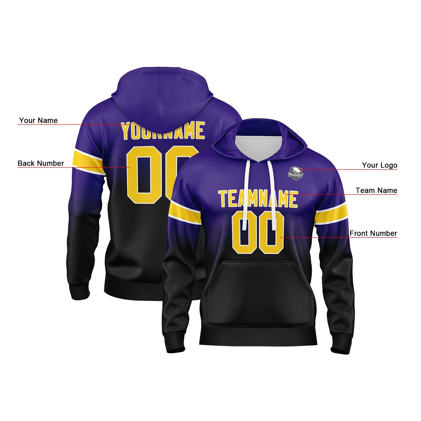 Sudadera con capucha degradada personalizada para hombre-mujer-niña o niño Estampa tu logotipo-nombre y número en morado y negro
