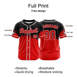 Camiseta de béisbol personalizada roja y negra con botones para hombre mujer adulto y joven Estampado de nombre número y logotipo