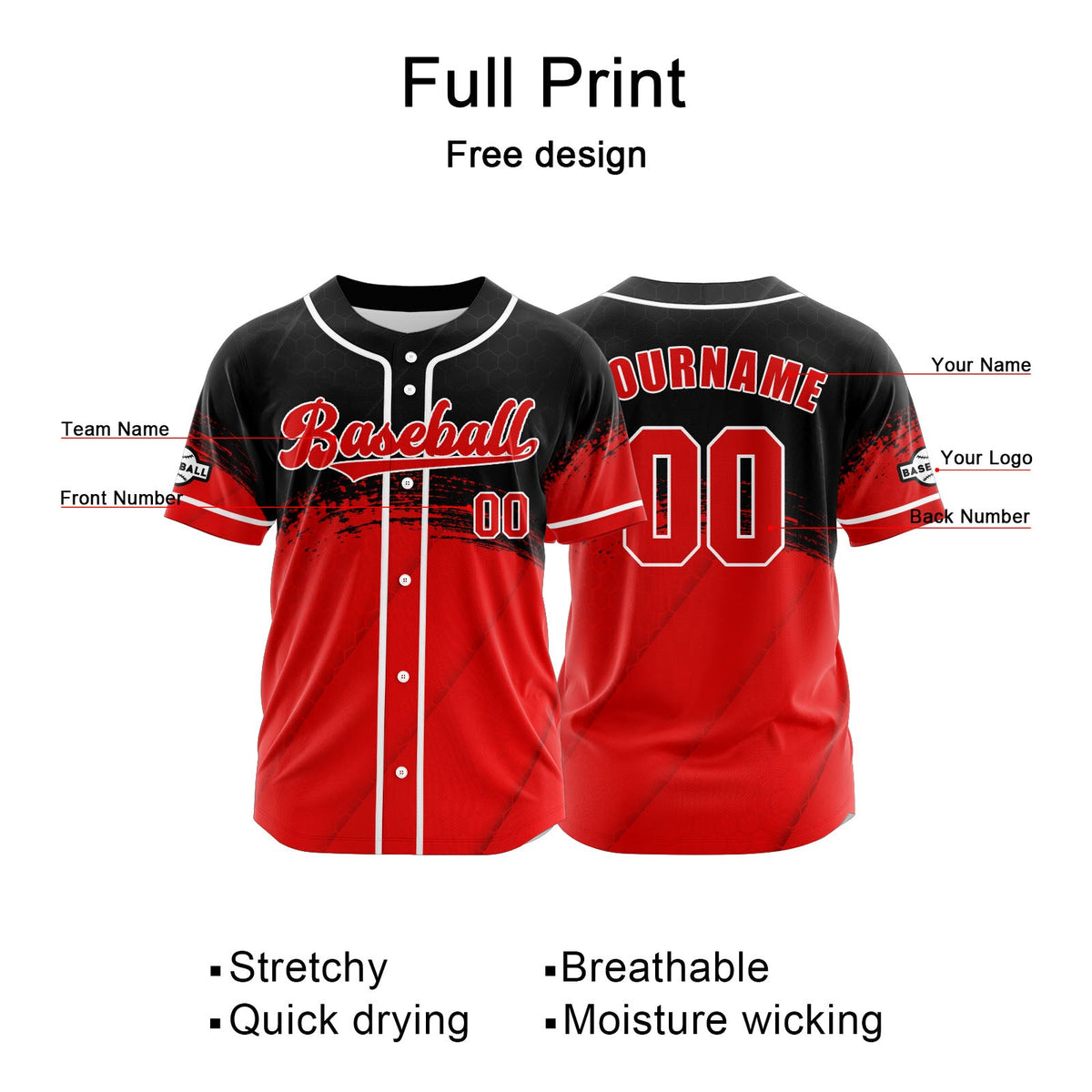 Camiseta de béisbol personalizada roja y negra con botones para hombre mujer adulto y joven Estampado de nombre número y logotipo