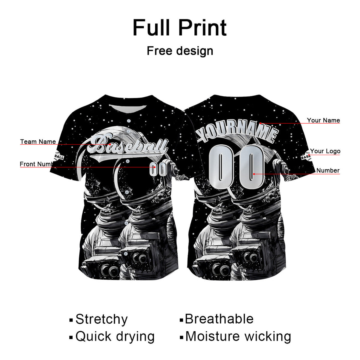 Camiseta de béisbol negra personalizada con nombre número y logotipo personalizados