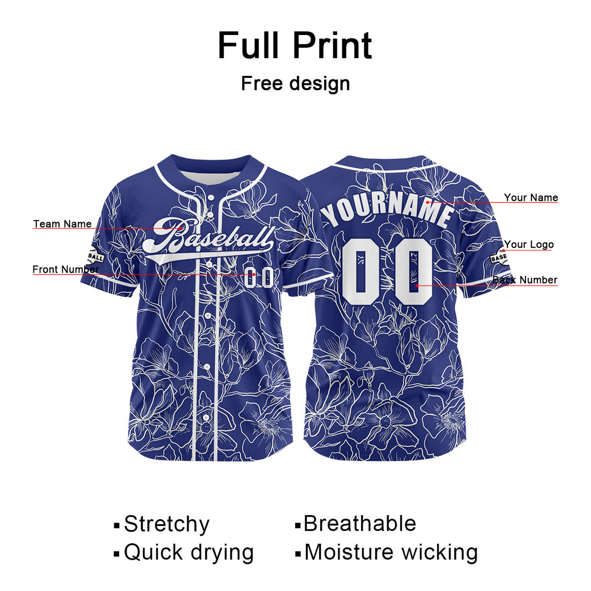 Camiseta de béisbol azul personalizada con nombre número y logotipo personalizados