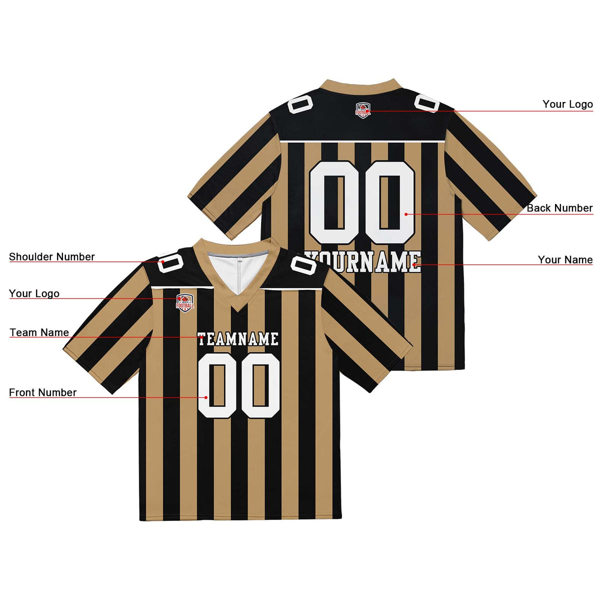 Camiseta de fútbol personalizada con nombre y número del equipo bordados-color dorado y negro