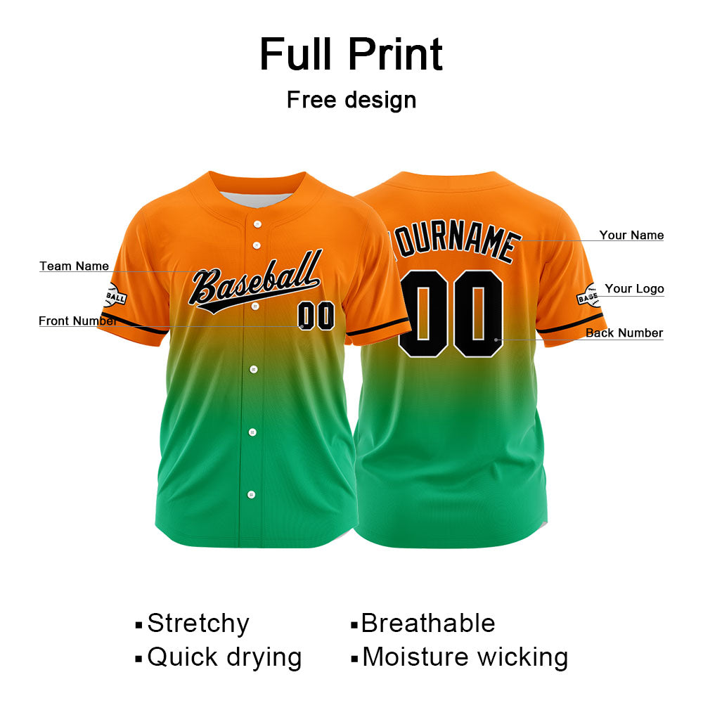 Dise?o personalizado de camiseta de béisbol con estampado completo en naranja y verde