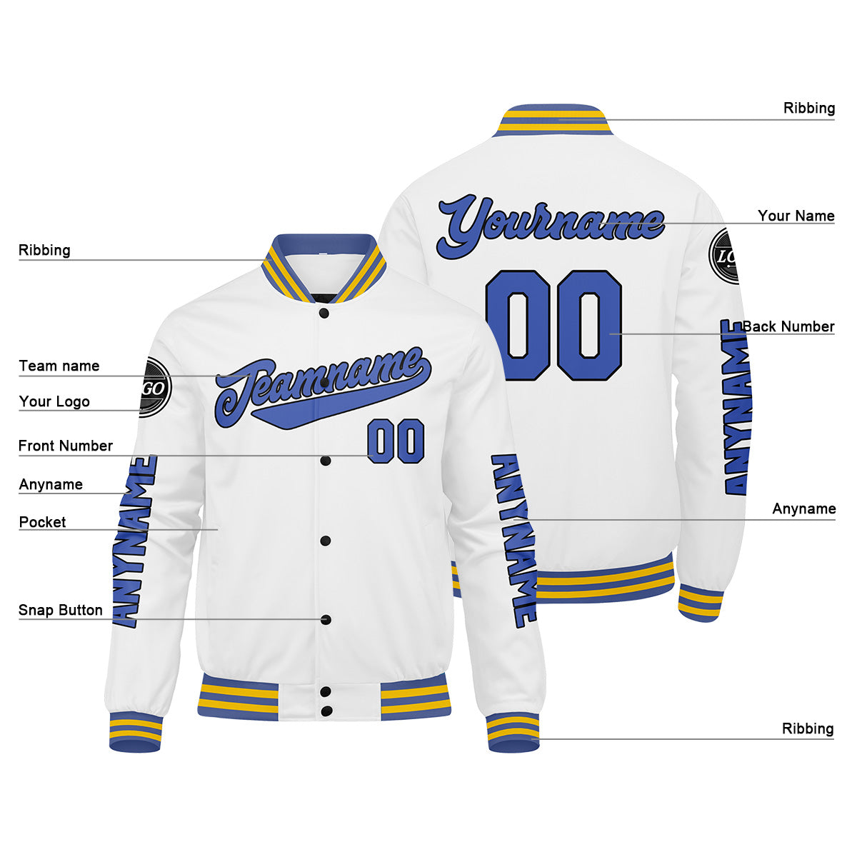 Chaquetas universitarias blancas y azules personalizadas para hombres & mujeres y jóvenes & Chaquetas Letterman personalizadas