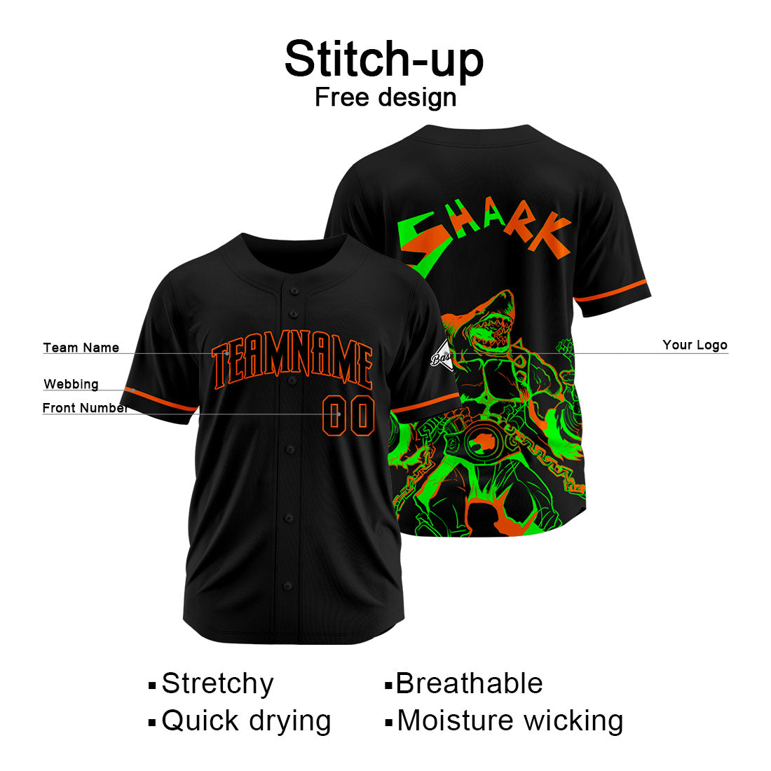 Uniformes de béisbol personalizados Shark-Black&Naranja de alta calidad para adultos y niños & optimizados para el rendimiento