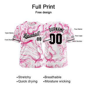 Camiseta de béisbol con dise?o personalizado estampado completo en blanco y rosa