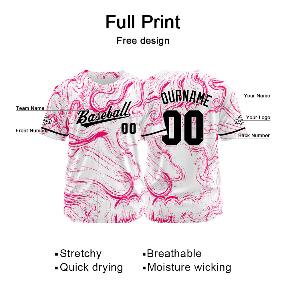 Camiseta de béisbol con dise?o personalizado estampado completo en blanco y rosa