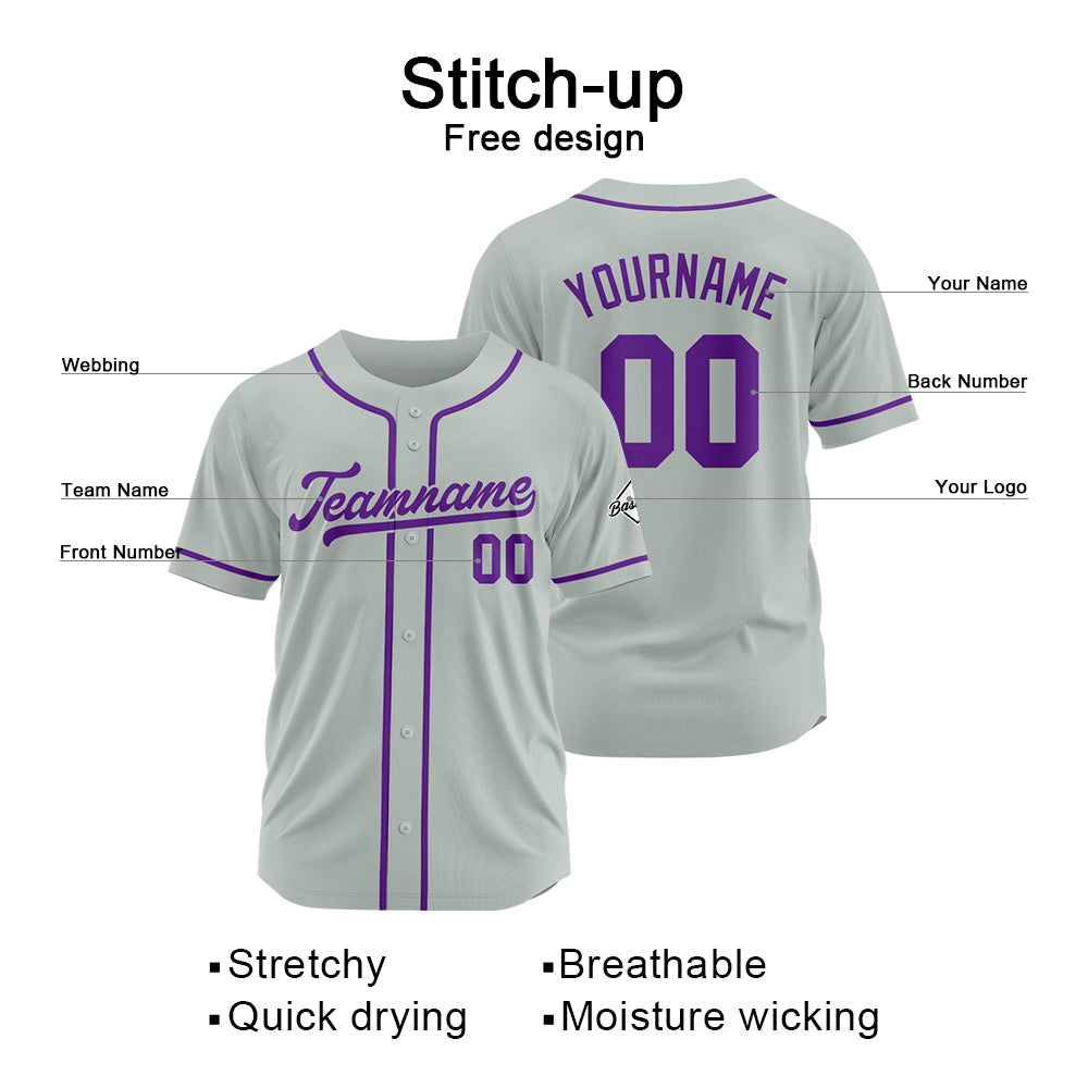 Camiseta de béisbol personalizada con diseño bordado & estilo hip hop & color gris y morado