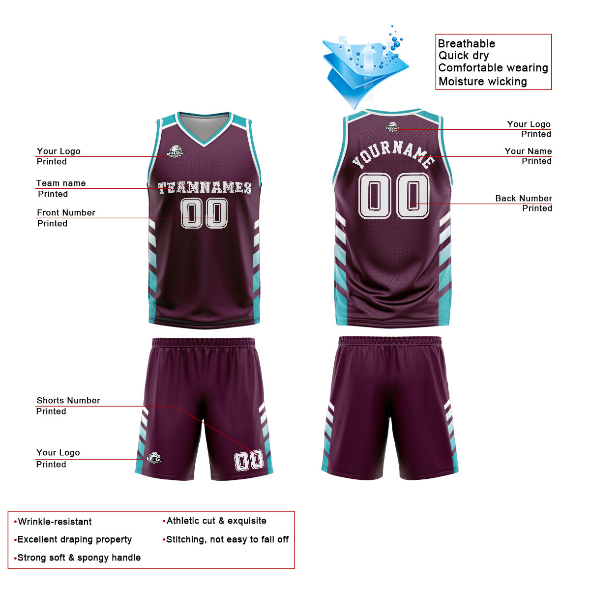 Uniforme de baloncesto personalizado en color morado cian con tu logotipo-nombre y número impresos
