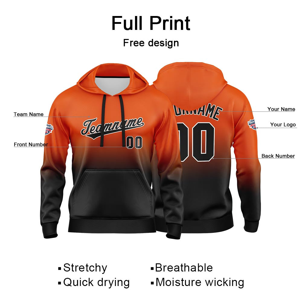 Sudadera con capucha personalizada con degradado para hombre-mujer-niña o niño Estampa tu logotipo-nombre o número en color naranja y negro
