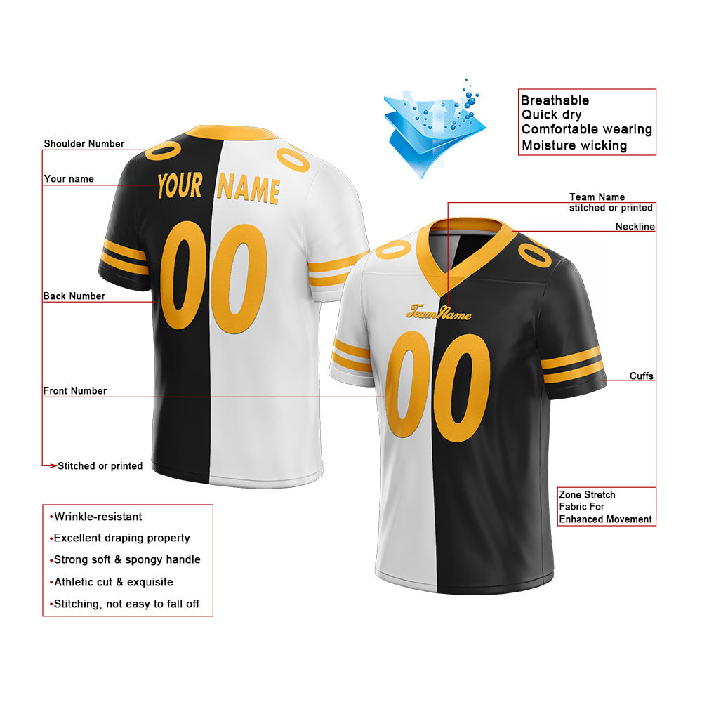 custom authentic split fashion football jersey black-white-yellow