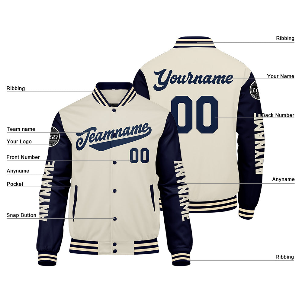 Chaquetas universitarias personalizadas azul marino y crema para hombres & mujeres y jóvenes & Chaquetas tipo Letterman personalizadas