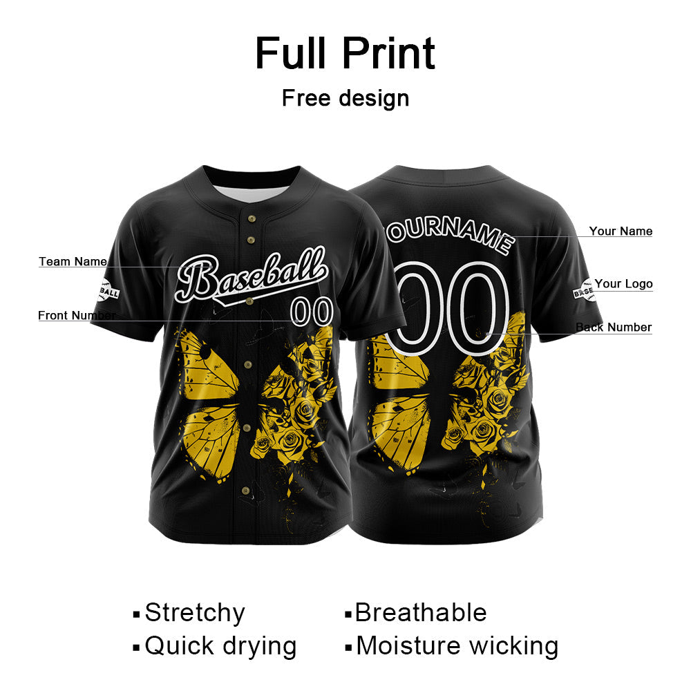 Camiseta de béisbol negra personalizada con botones para hombre mujer adulto y joven Nombre número y logotipo impresos