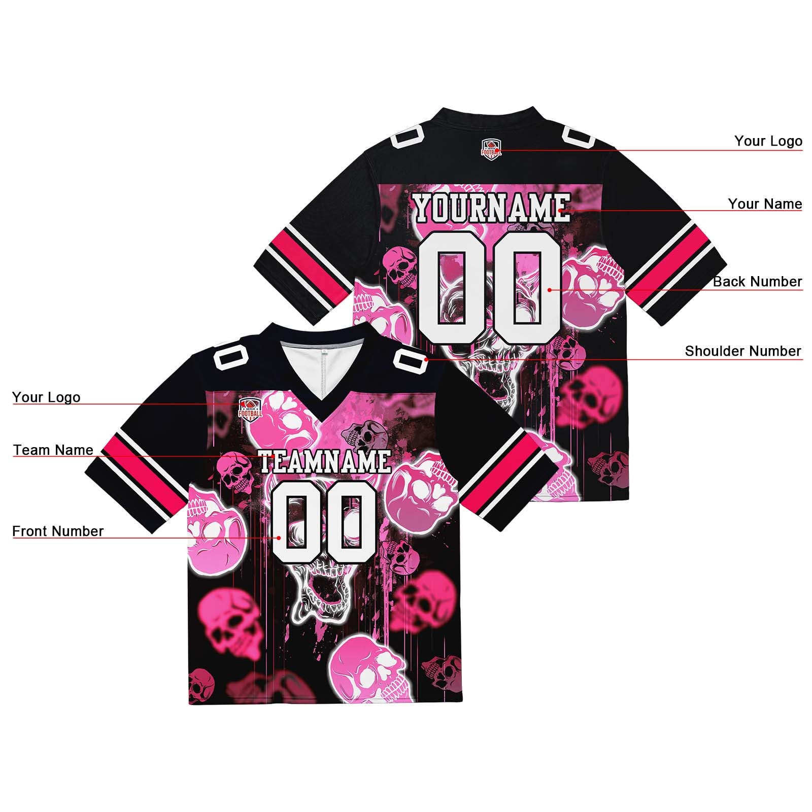 Camiseta de fútbol personalizada con nombre y número del equipo bordados y estampados-estilo grafiti con calavera rosa