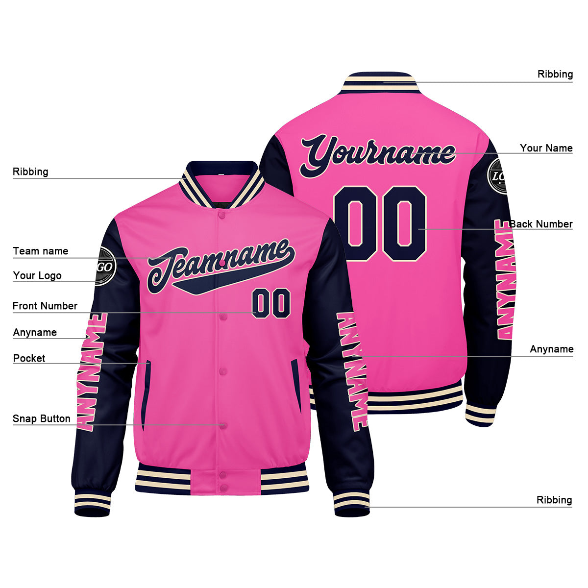 Chaquetas universitarias personalizadas en rosa y azul marino para hombres & mujeres y jóvenes & Chaquetas Letterman personalizadas