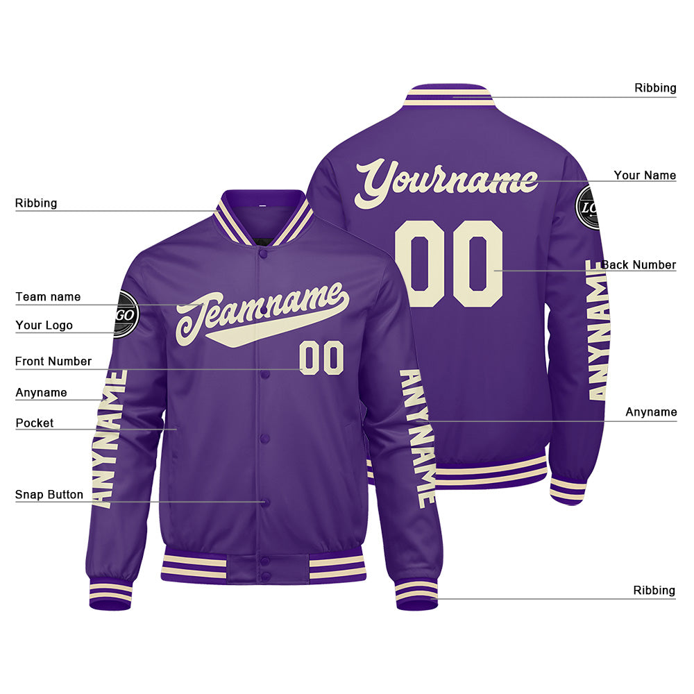 Chaquetas universitarias personalizadas color crema púrpura para hombres & mujeres y jóvenes & Chaquetas Letterman personalizadas