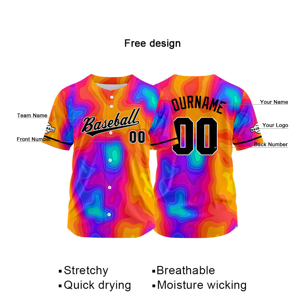 Dise?o personalizado de camiseta de béisbol con estampado completo en naranja rojo y azul