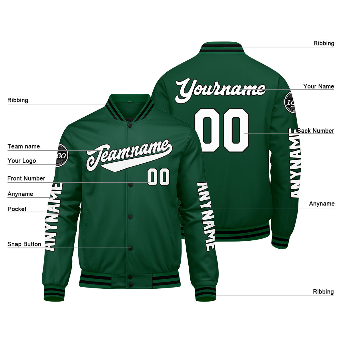Chaquetas universitarias personalizadas en verde & negro y blanco para hombres & mujeres y jóvenes & Chaquetas Letterman personalizadas