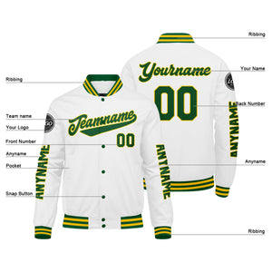 Chaquetas universitarias personalizadas en verde & amarillo y blanco para hombres & mujeres y jóvenes & Chaquetas Letterman personalizadas