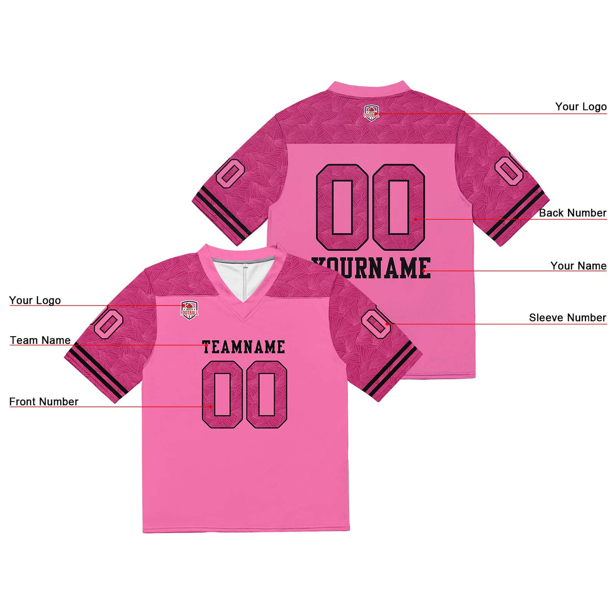Camiseta de fútbol personalizada con nombre y número del equipo impresos y bordados-color rosa
