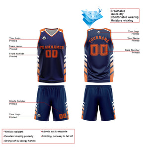 Uniforme de baloncesto personalizado azul marino y naranja con tu logotipo-nombre y número impresos