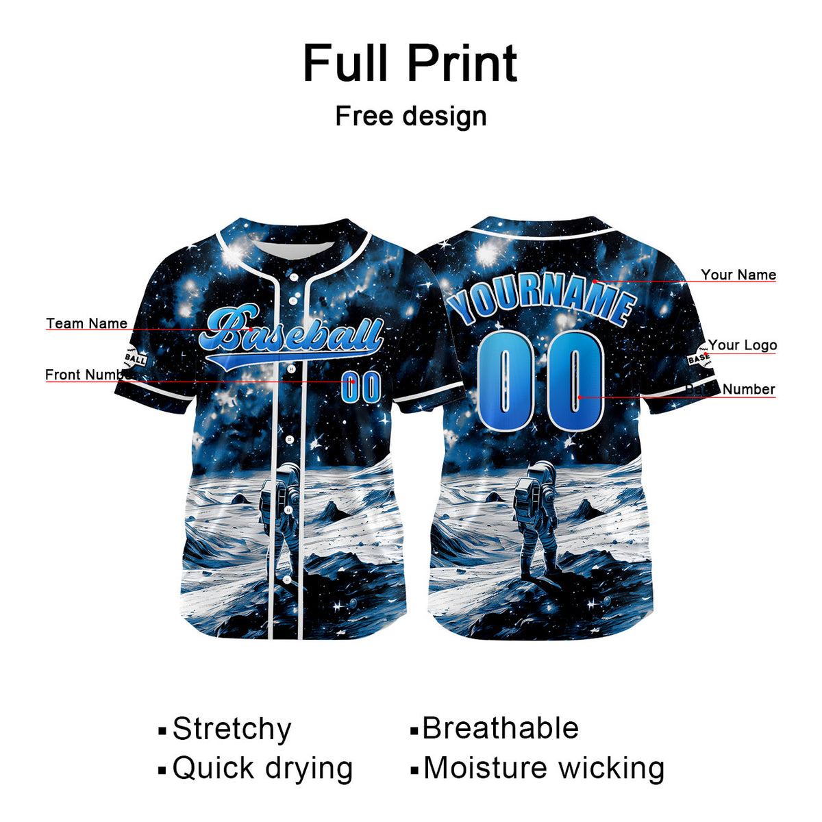 Camiseta de béisbol azul personalizada con nombre número y logotipo personalizados