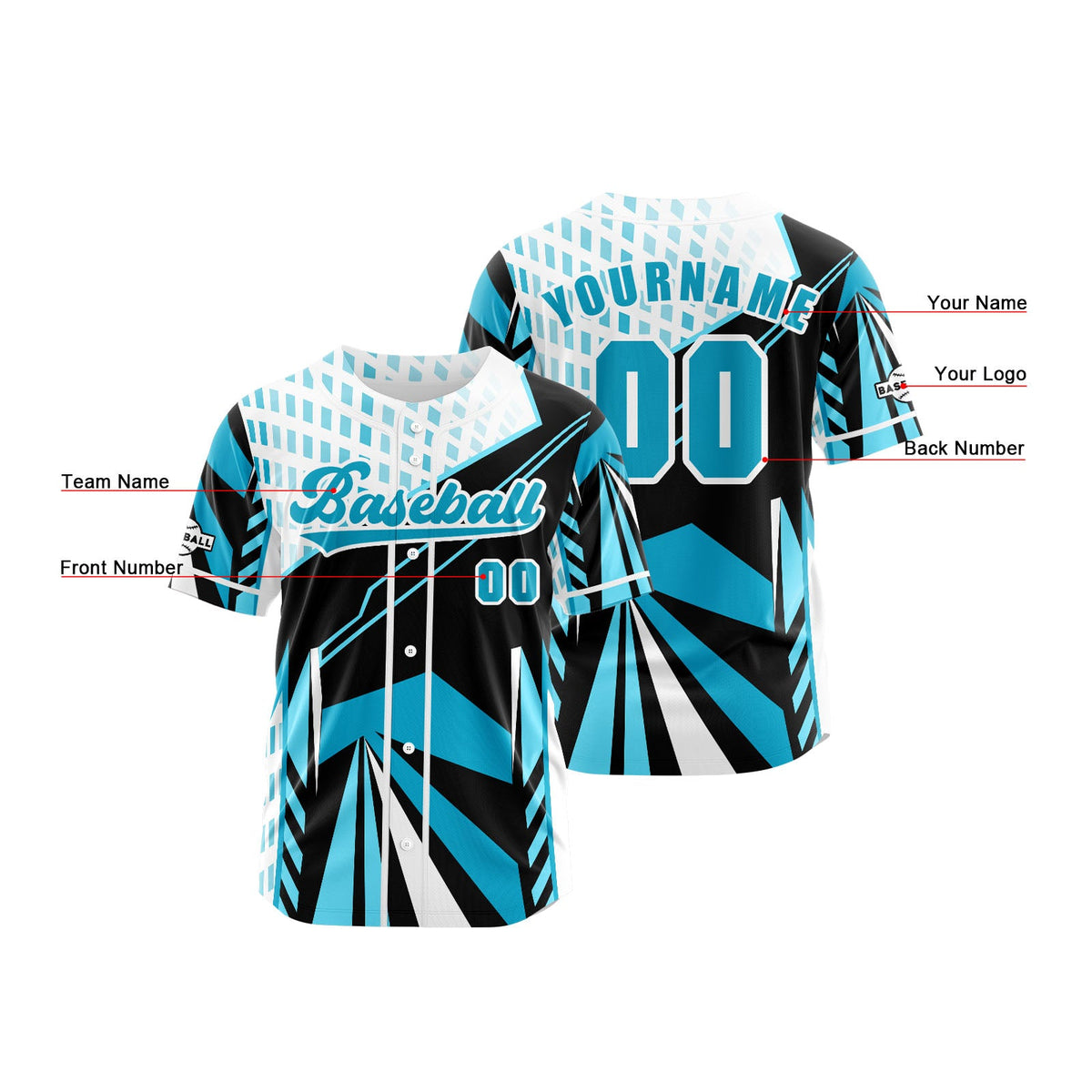 Camiseta de béisbol azul claro personalizada con botones para hombre mujer adulto y joven Nombre número y logotipo impresos
