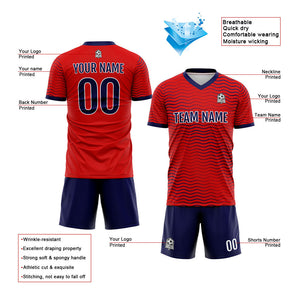 Uniforme de fútbol personalizado para niños y adultos & conjunto personalizado & camiseta roja y azul marino con diseño de olas