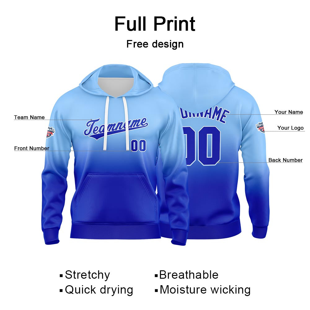 Sudadera con capucha personalizada con degradado para hombre-mujer-niña o niño Estampa tu logotipo-nombre o número en azul claro y azul real