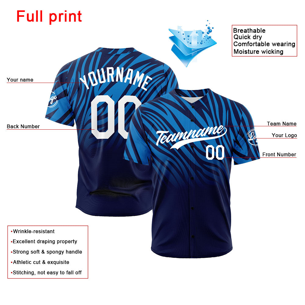 Camiseta de béisbol azul y negro con dise?o personalizado estampado a todo color