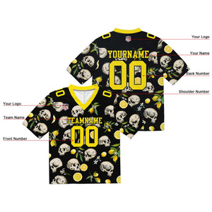 Camiseta de fútbol personalizada con nombre y número del equipo bordados y estampado de calavera -Amarillo limón