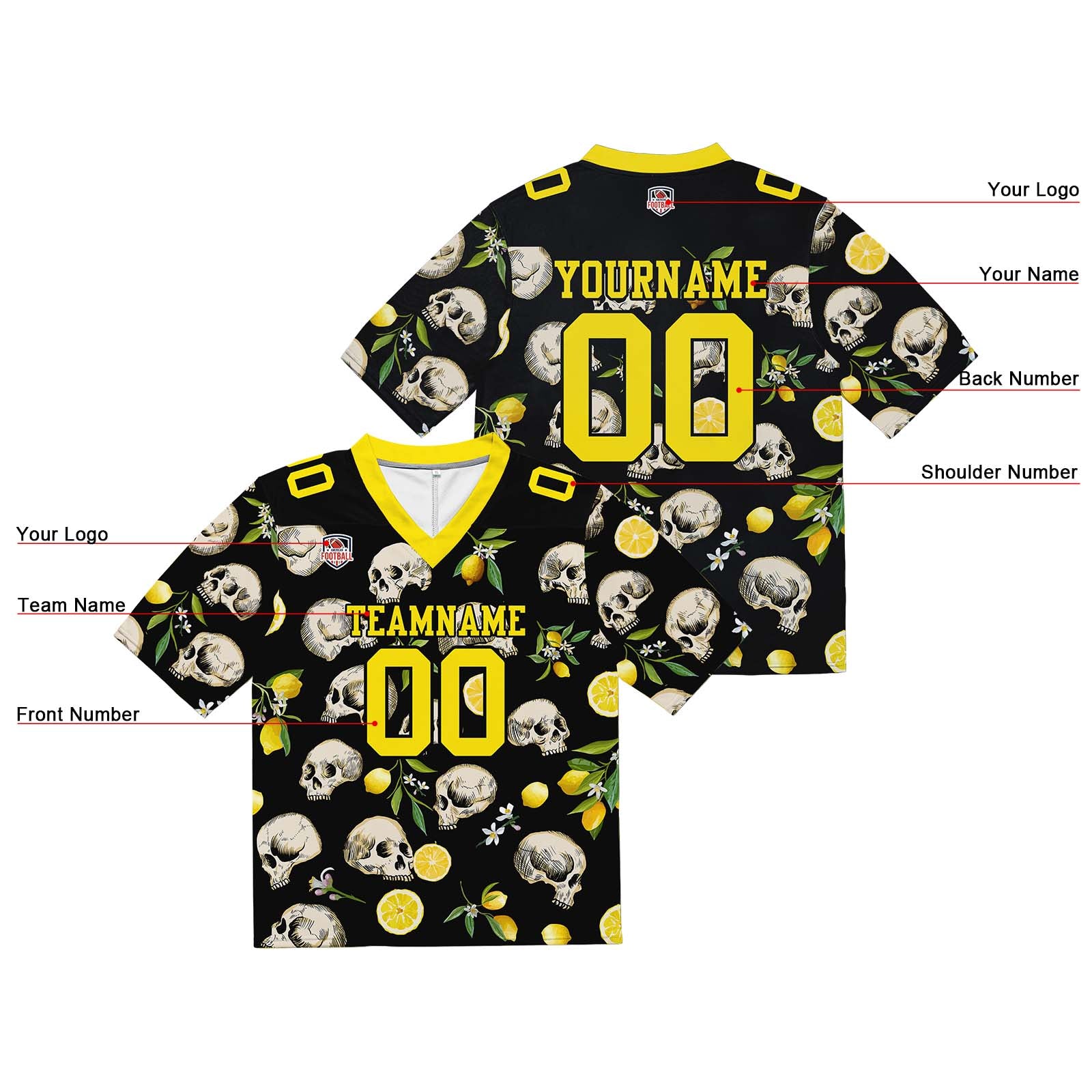 Camiseta de fútbol personalizada con nombre y número del equipo bordados y estampado de calavera -Amarillo limón