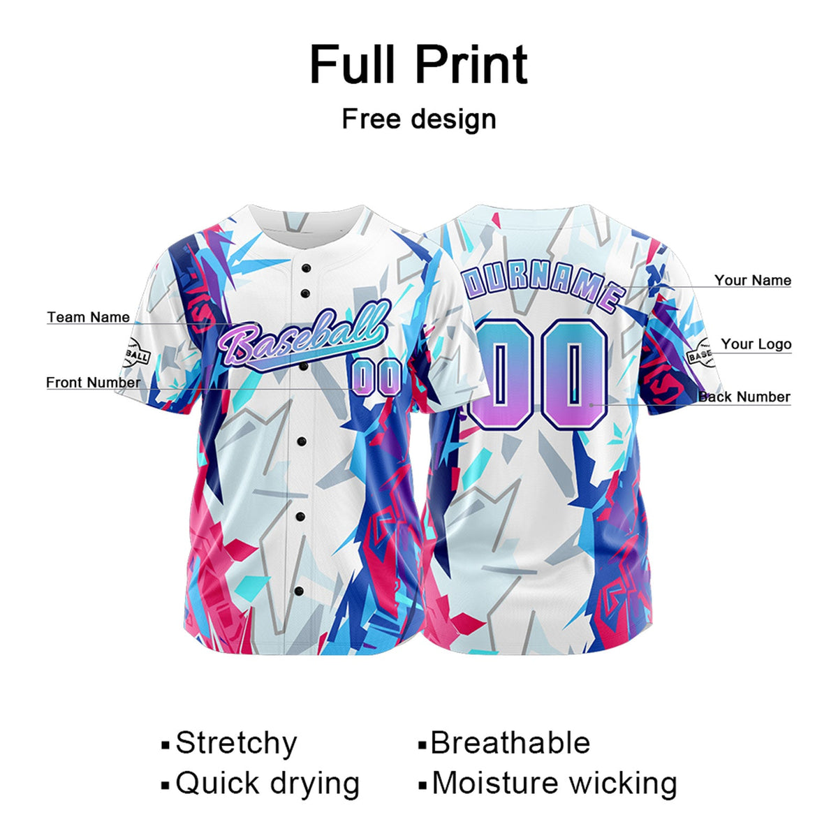 Camiseta de béisbol personalizada azul claro y blanca con botones para hombre mujer adulto y joven Estampado de nombre número y logotipo