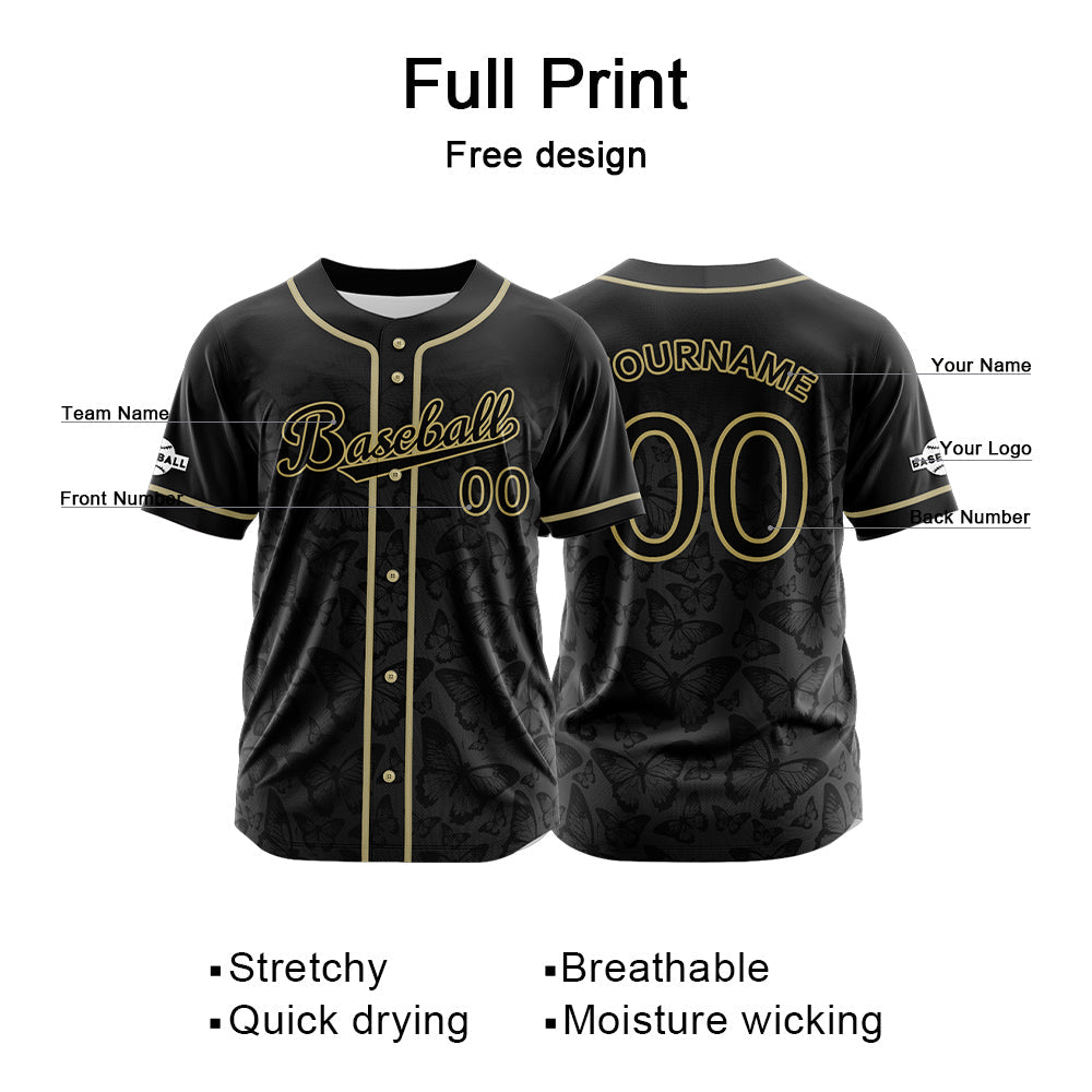 Camiseta de béisbol negra personalizada con botones para hombre mujer adulto y joven Nombre número y logotipo impresos