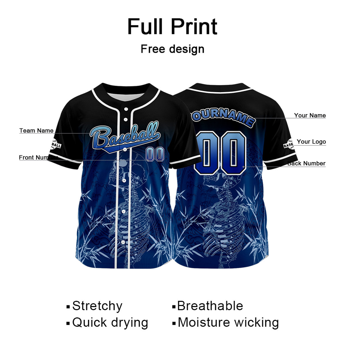 Camiseta de béisbol negra personalizada con botones para hombre mujer adulto y joven Nombre número y logotipo impresos