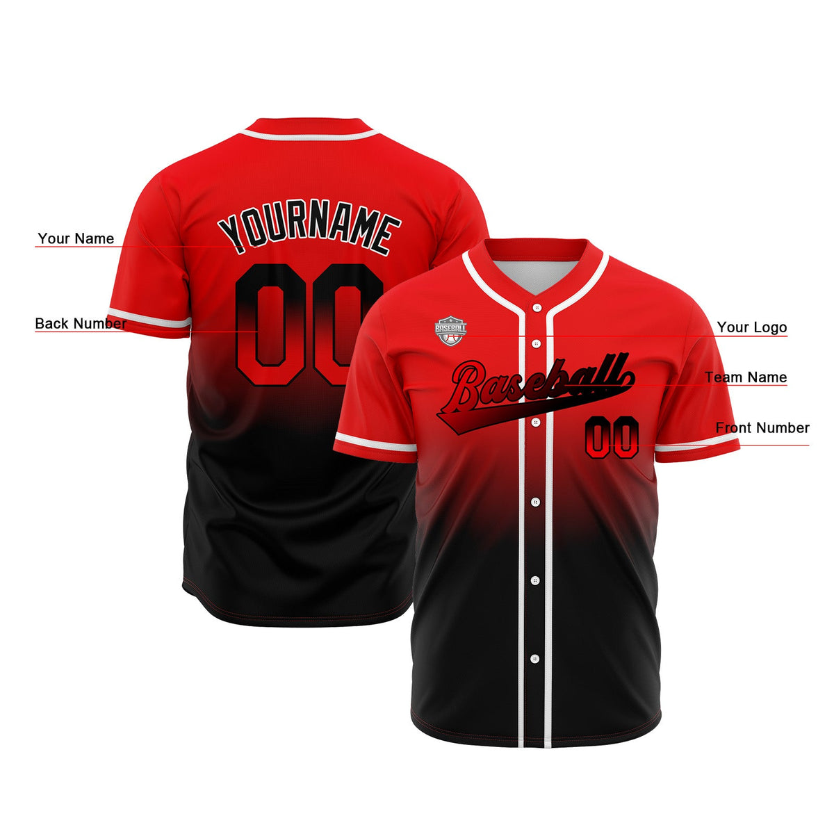 Camisetas de béisbol personalizadas con degradado nombre número y logotipo