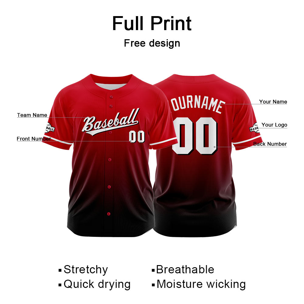 Camiseta de béisbol con dise?o personalizado estampado a todo color rojo y negro