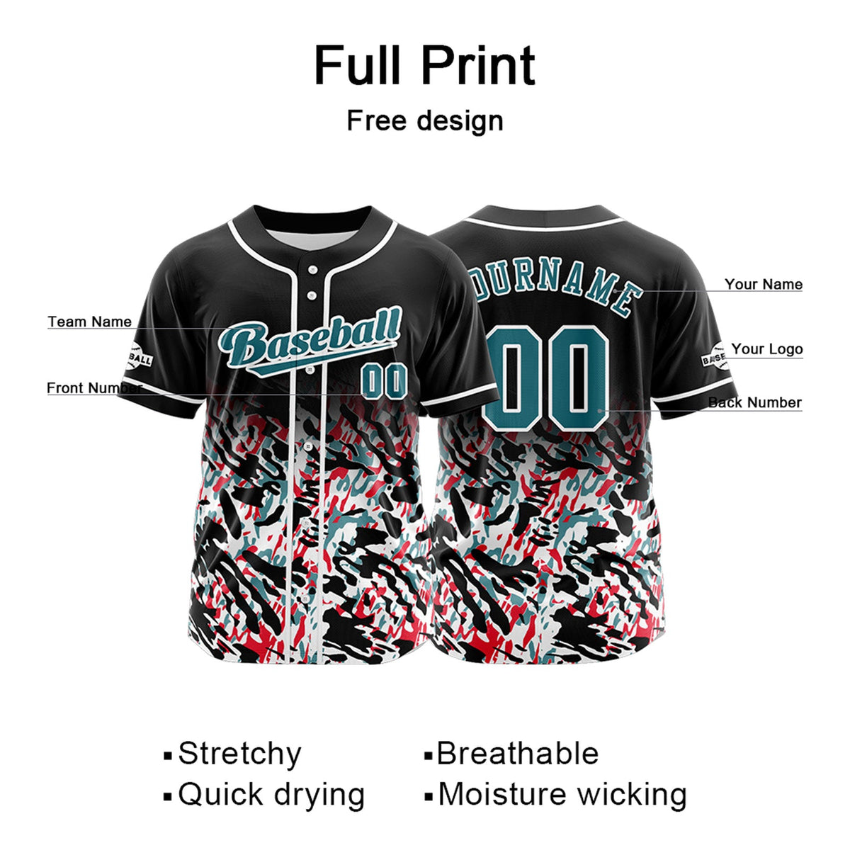 Camiseta de béisbol negra personalizada con botones para hombre mujer adulto y joven Nombre número y logotipo impresos