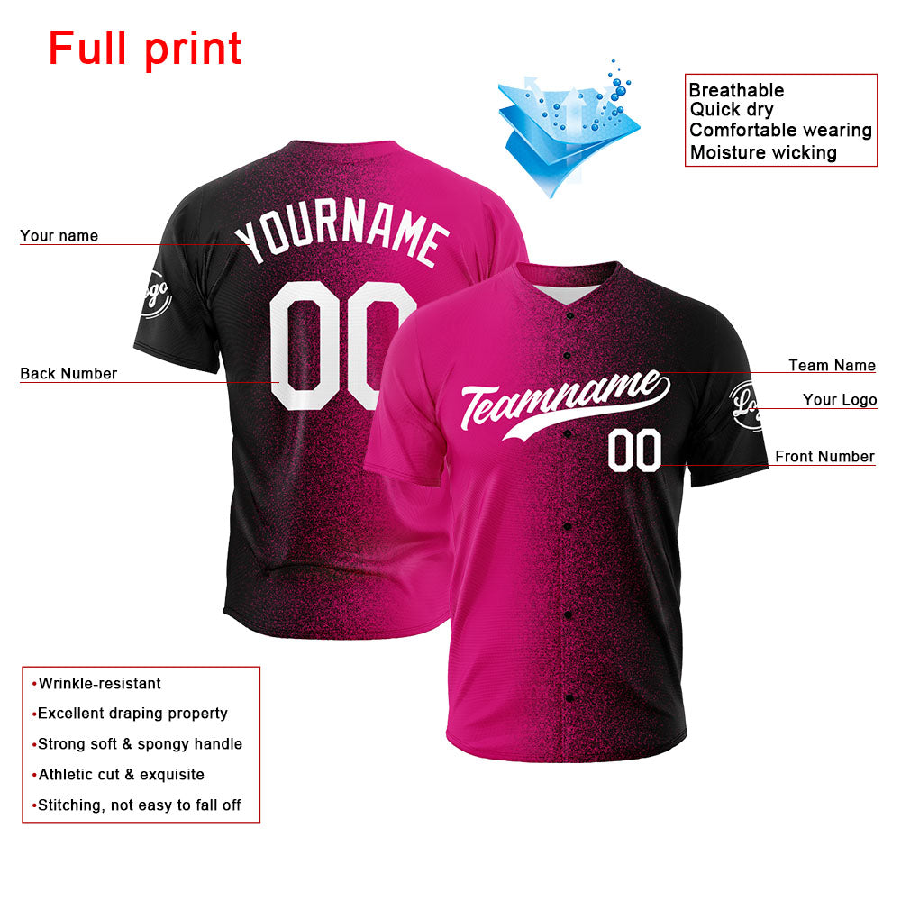 Camiseta de béisbol con dise?o personalizado estampado completo en rosa fucsia y negro