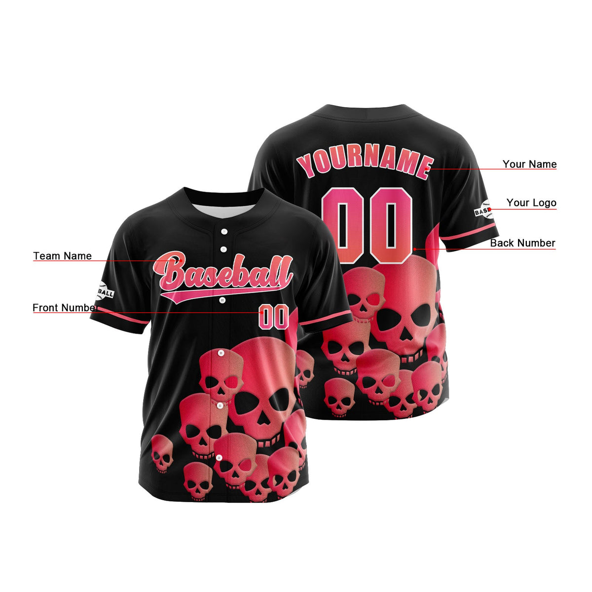 Camiseta de béisbol personalizada negra y rosa con botones para hombre mujer adulto y joven Estampado de nombre número y logotipo