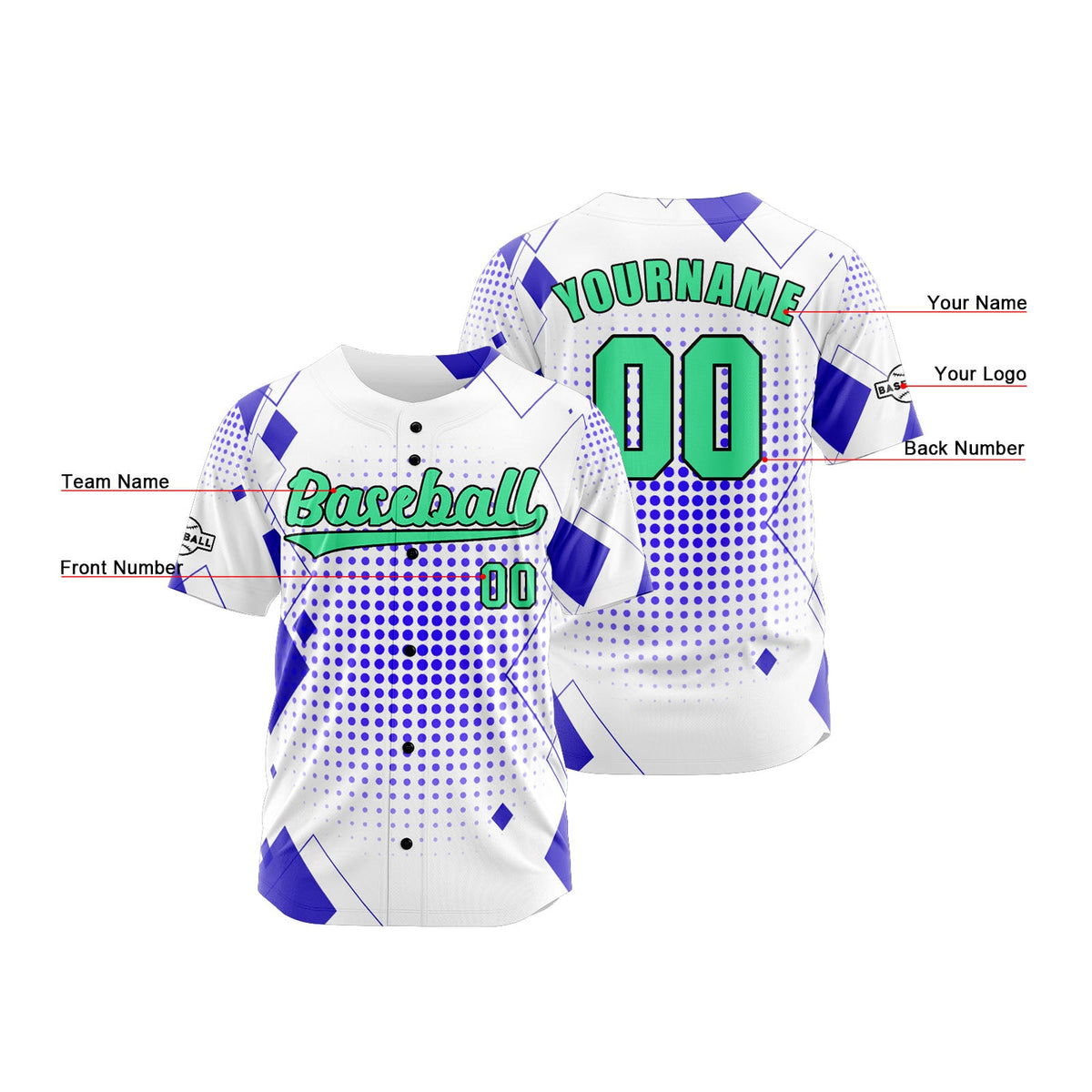 Camiseta de béisbol personalizada blanca y azul con botones para hombre mujer adulto y joven Estampado de nombre número y logotipo