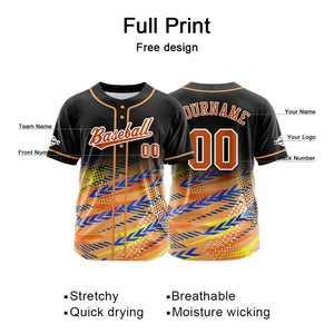 Camiseta de béisbol personalizada negra y naranja con botones para hombre mujer adulto y joven Estampado de nombre número y logotipo
