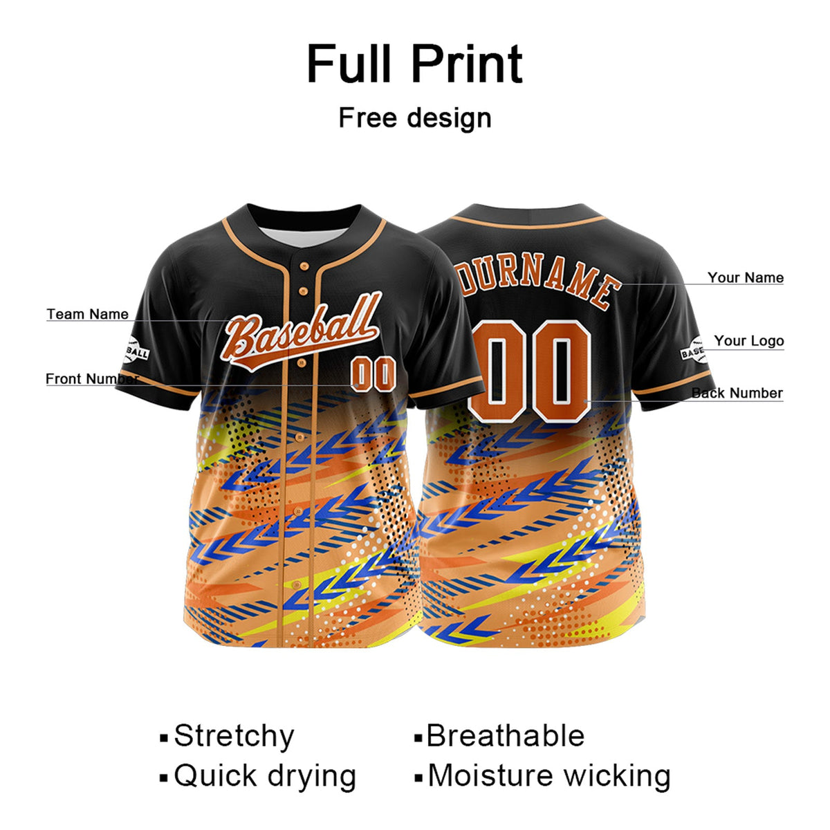 Camiseta de béisbol personalizada negra y naranja con botones para hombre mujer adulto y joven Estampado de nombre número y logotipo