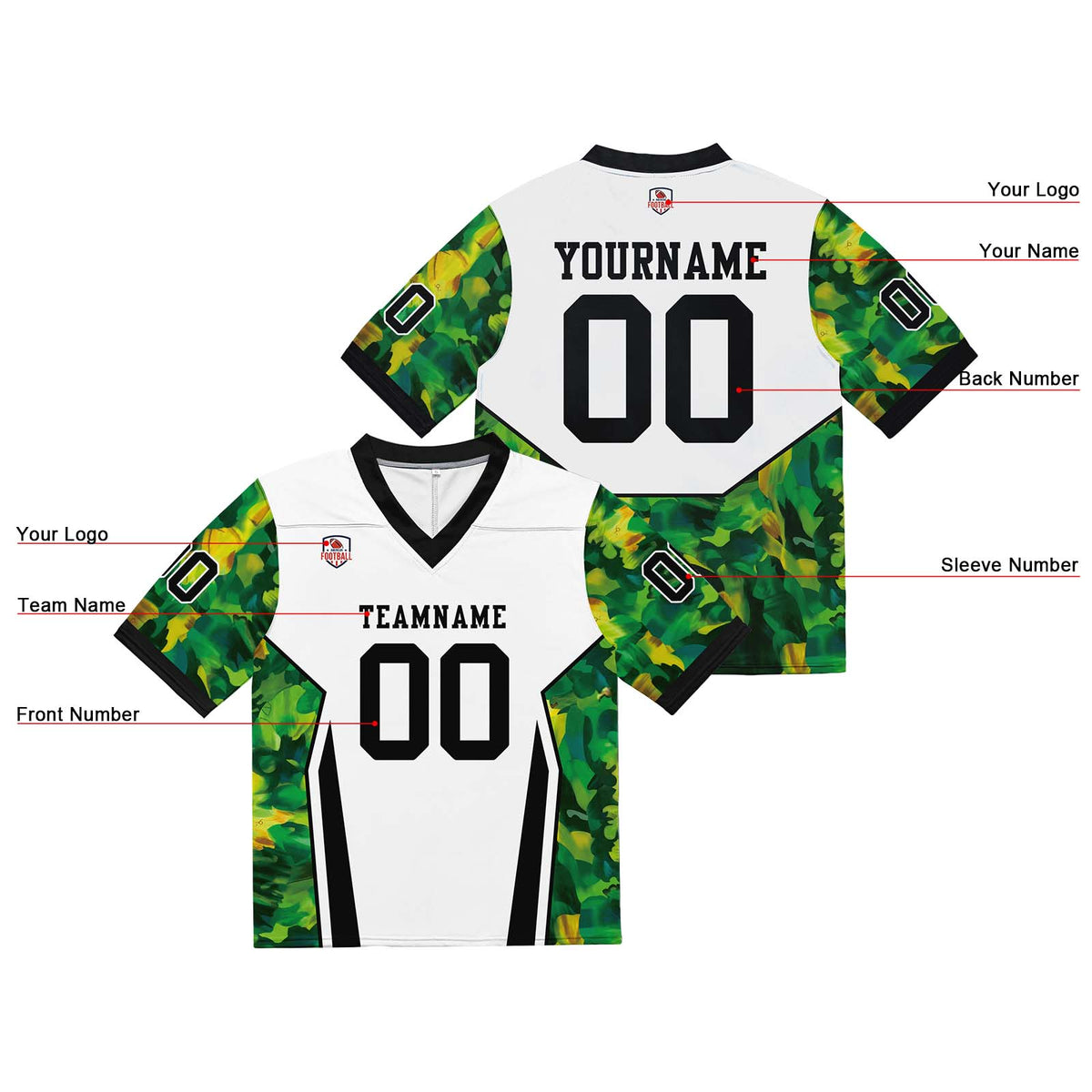 Camiseta de fútbol personalizada con nombre y número del equipo impresos y bordados-color blanco y verde