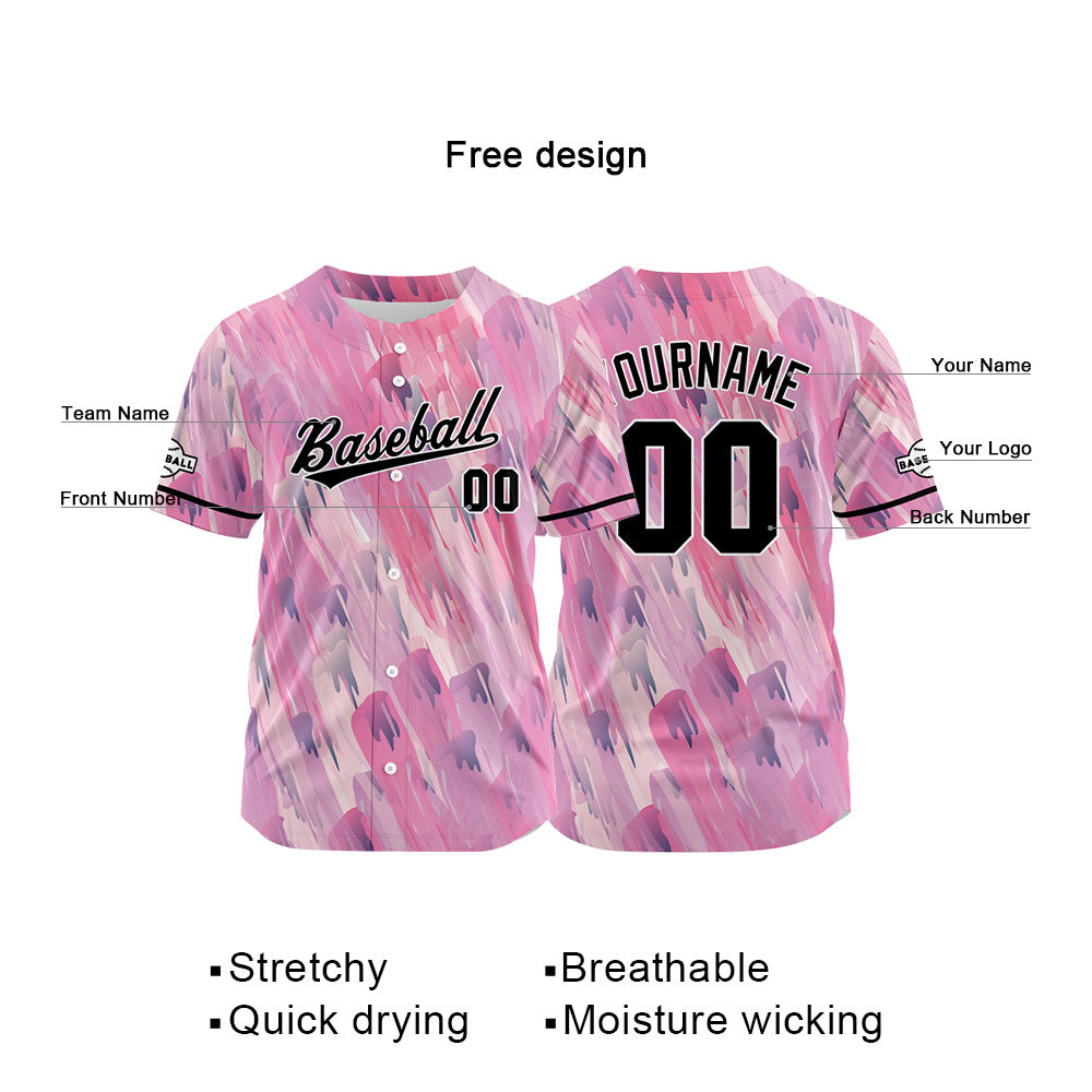 Camiseta de béisbol rosa con dise?o personalizado estampado completo